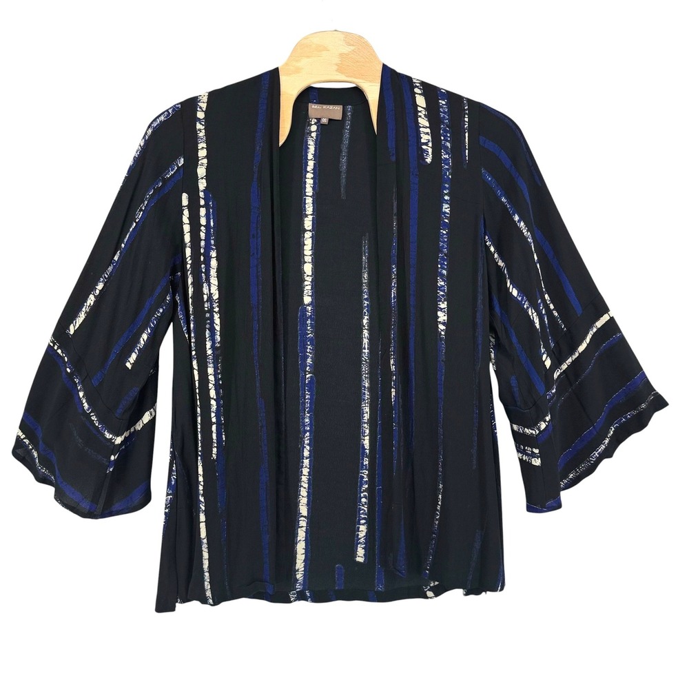 Bel Kazan Womens OS Black Blue Rayon Abstract Stripe Kimono Wrap Top Bell Sleeve